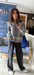 GREY CABLE KNIT PEARL TRIM CARDIGAN