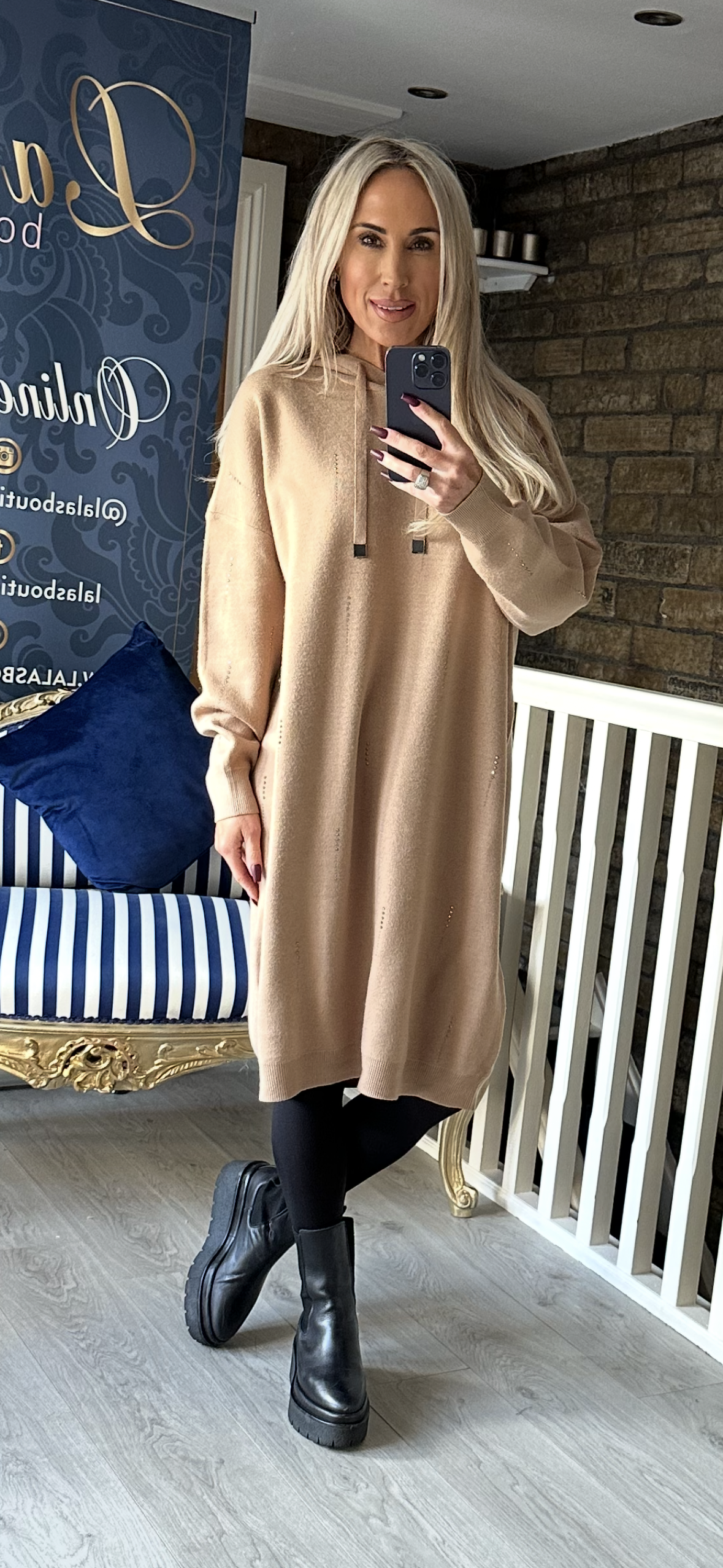 CAMEL HOODED KNIT JUMPER DRESS WITH BLING STUD DESIGN