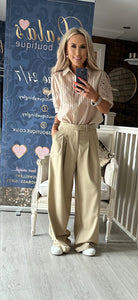 CAMEL PLEAT CHINO STYLE WIDE LEG TROUSERS