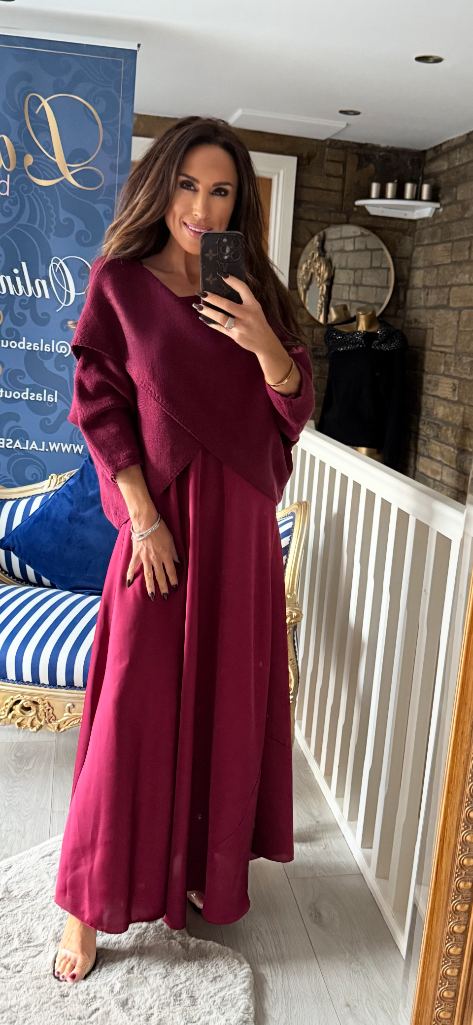 BURGUNDY SATIN DRESS & CROSSOVER JUMPER CO-ORD