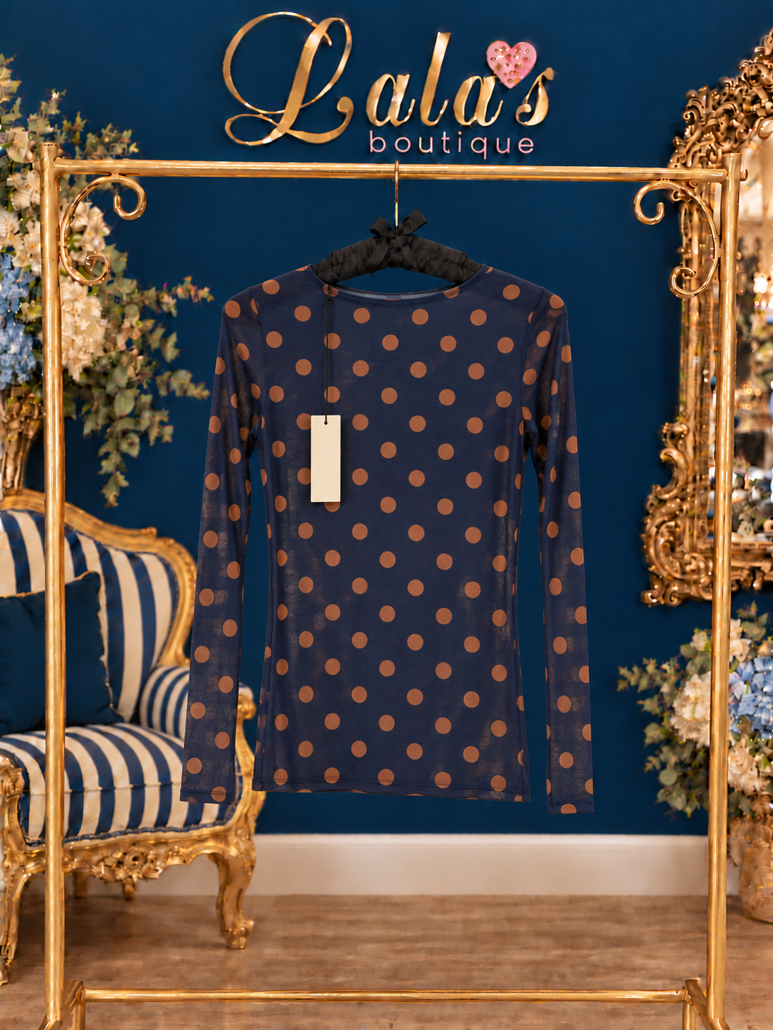 NAVY & TAN POLKA DOT CASHMERE BASE LAYER TOP