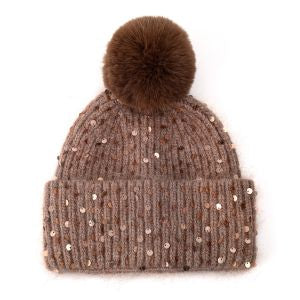 BROWN WOOL SEQUIN POMPOM HAT