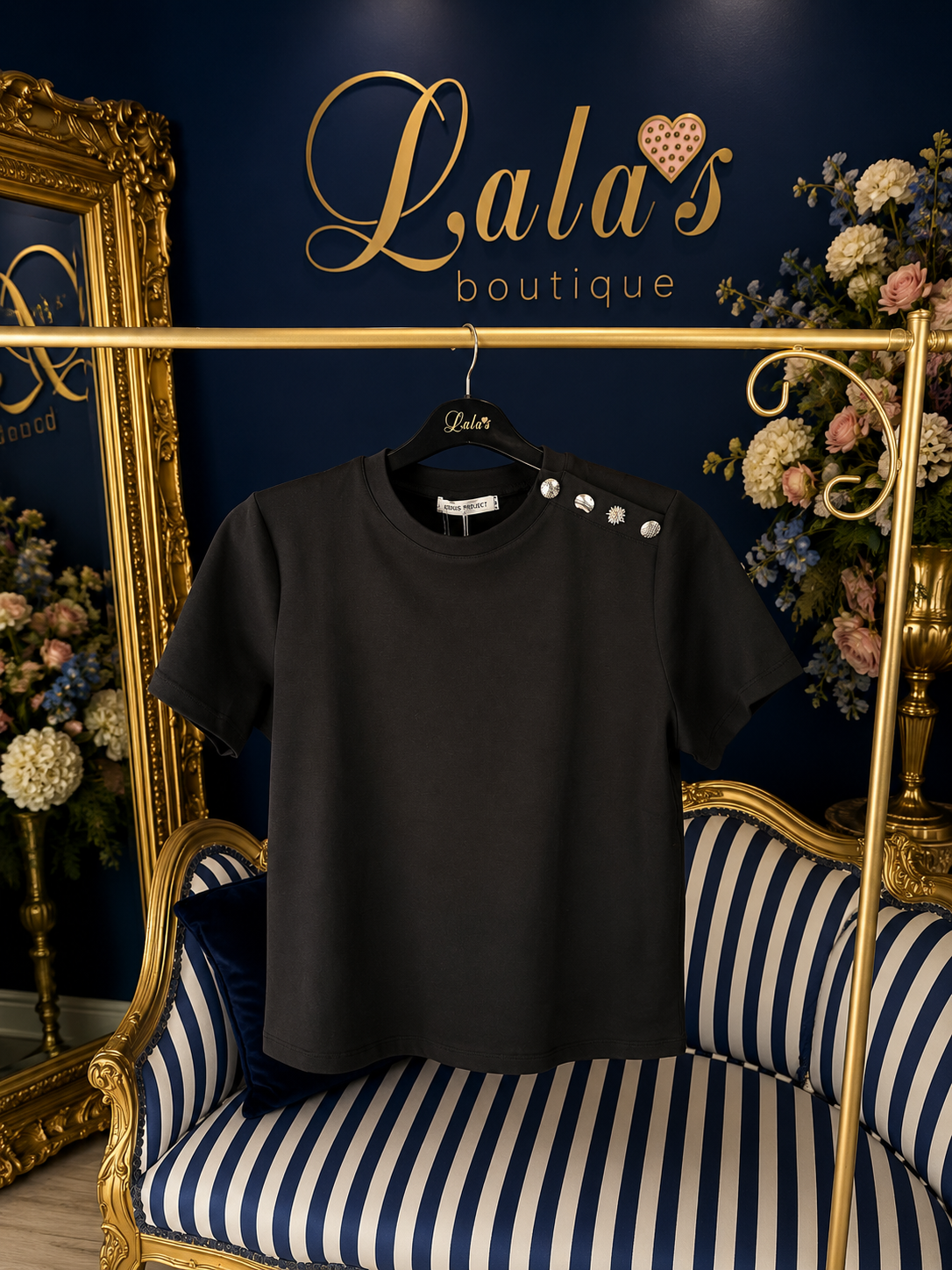 BLACK BUTTON SHOULDER T-SHIRT