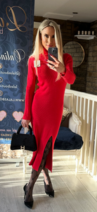 RED KNIT POLO NECK DRESS