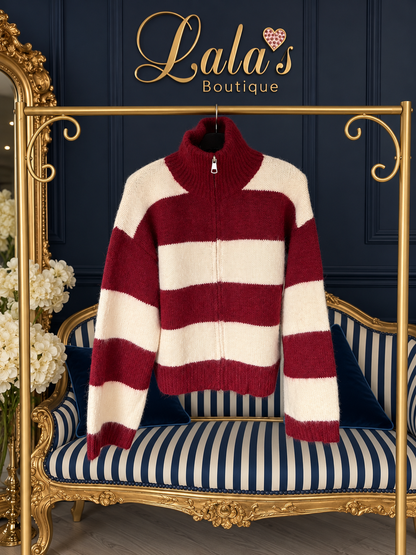 BURGUNDY FUNNEL STRIPE CARDIGAN