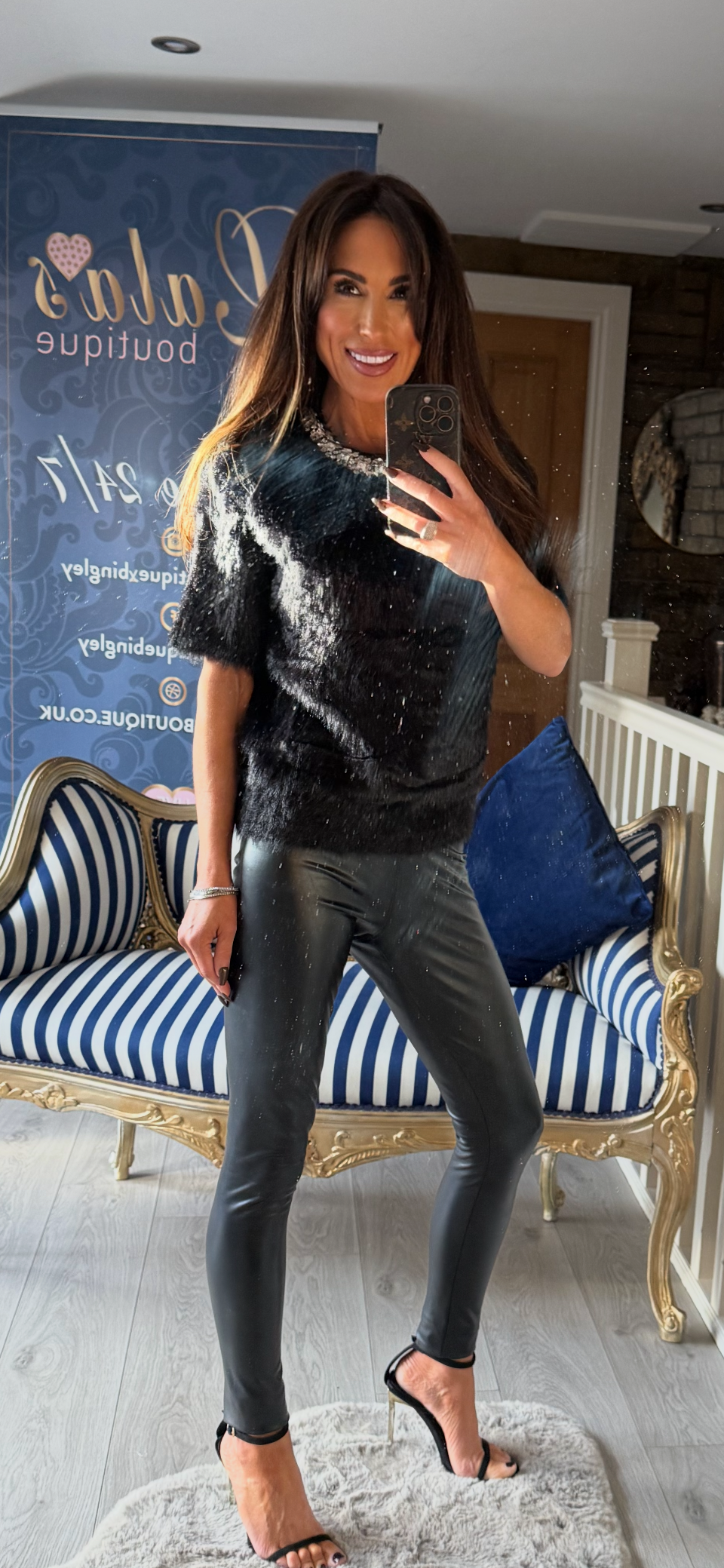 BLACK FLUFFY T-SHIRT WITH JEWELLED NECKLINE