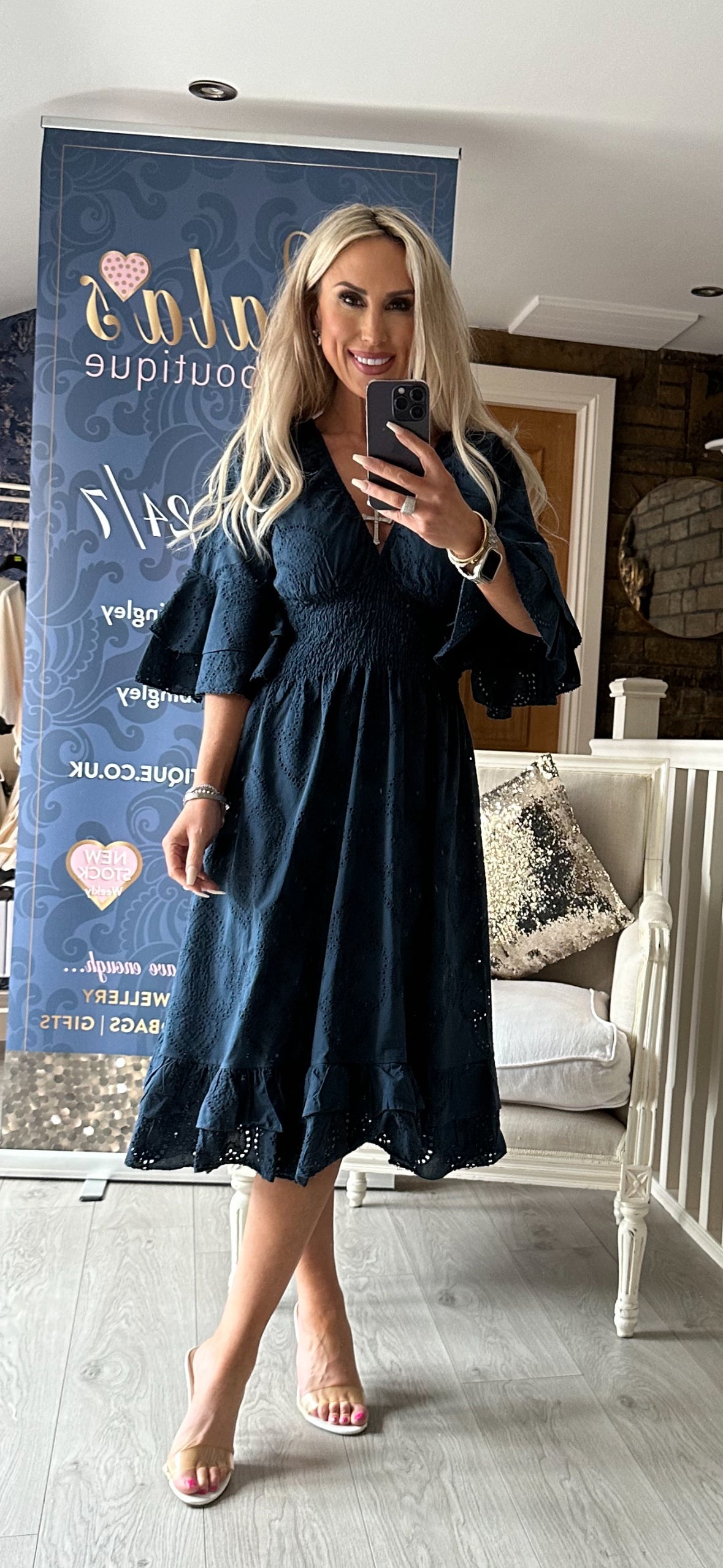 NAVY BRODERIE ANGLAISE DRESS