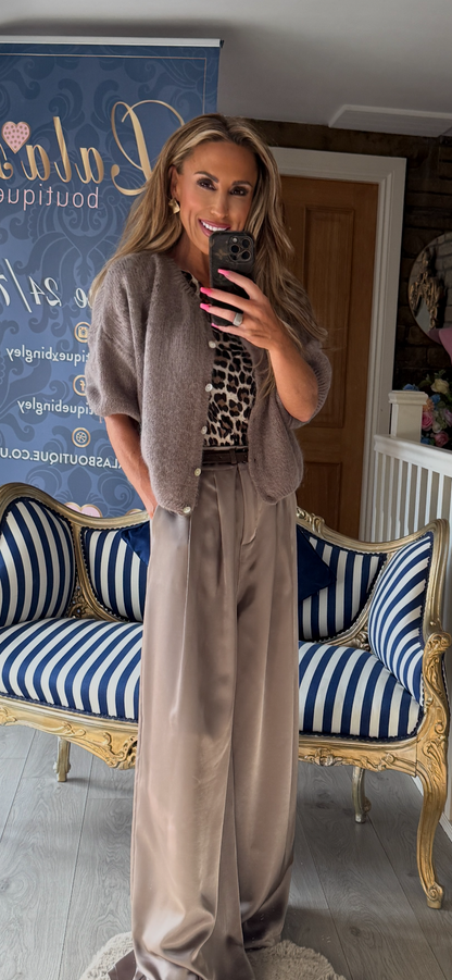 TAUPE FRONT PLEAT SATIN TROUSERS