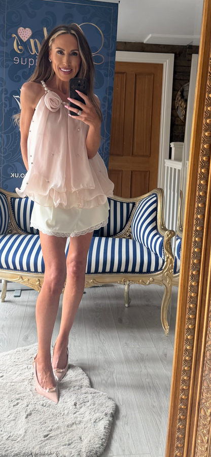 CREAM SATIN LACE DETAIL TAILORED SHORTS
