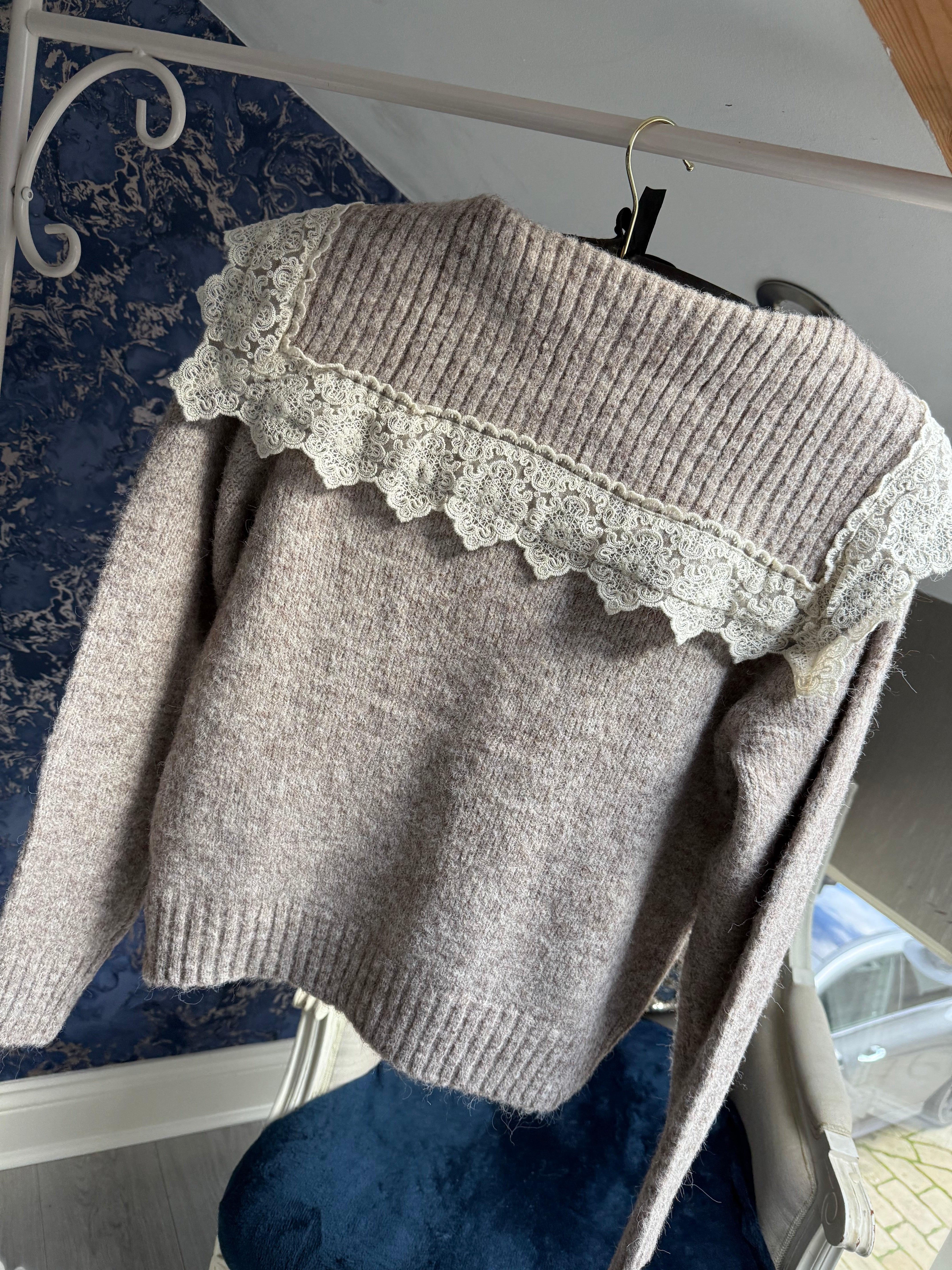 BEIGE LACE SHAWL COLLAR CARDIGAN