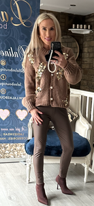 BROWN GOLD DISC PEARL BUTTON CARDIGAN