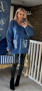 DENIM V NECK SEQUIN POCKET JUMPER