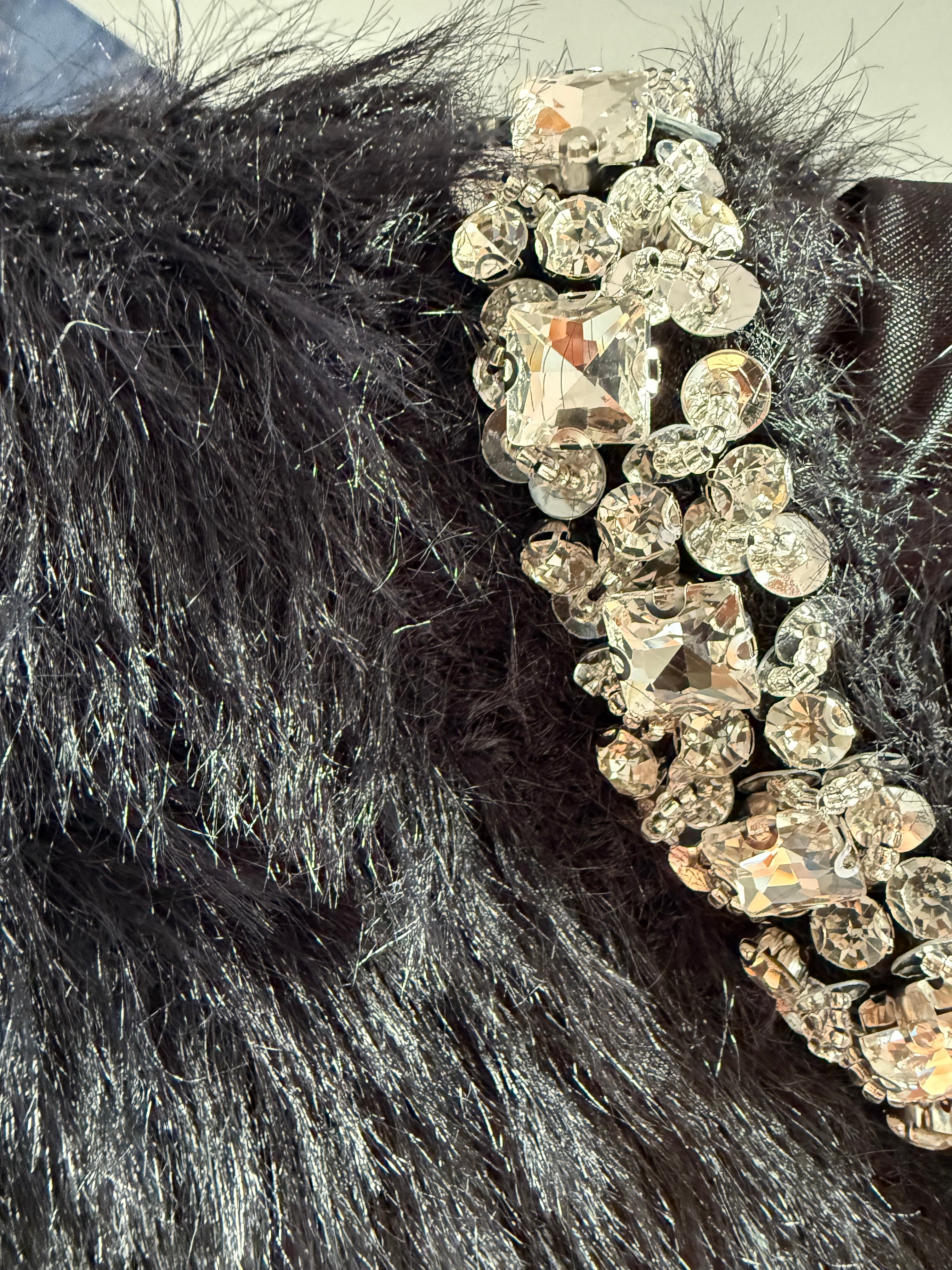 BLACK FLUFFY T-SHIRT WITH JEWELLED NECKLINE