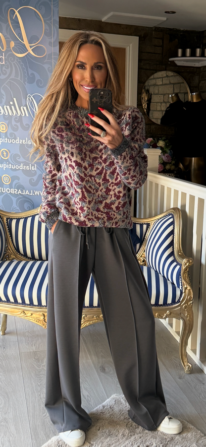 BURGUNDY ANIMAL PRINT LUREX JUMPER