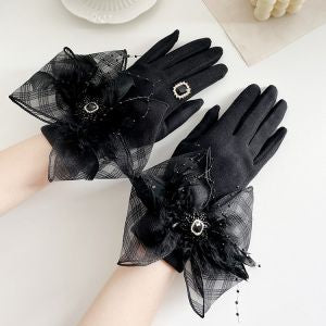 RHINESTONE BLACK SHEER BOW GLOVES