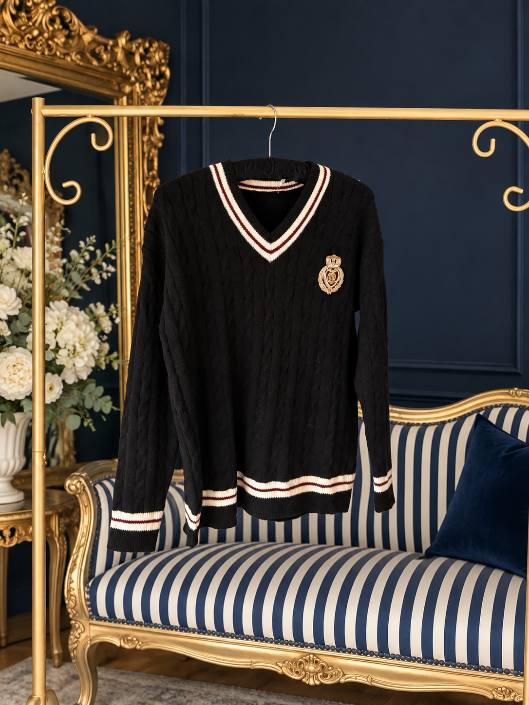 BLACK COAT OF ARMS V NECK JUMPER