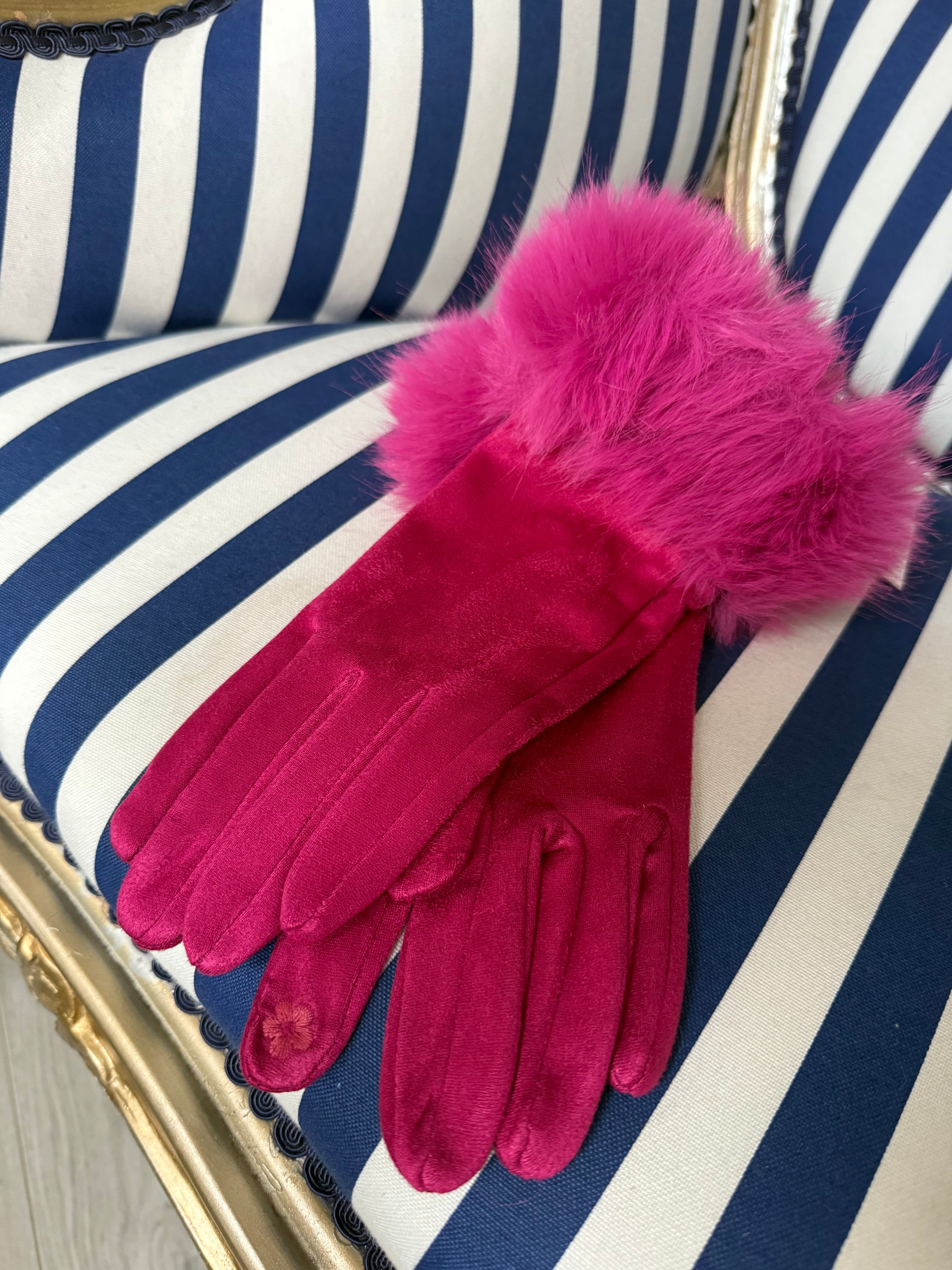 HOT PINK MOCK SUEDE FUR GLOVES