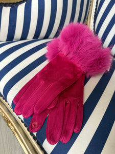HOT PINK MOCK SUEDE FUR GLOVES