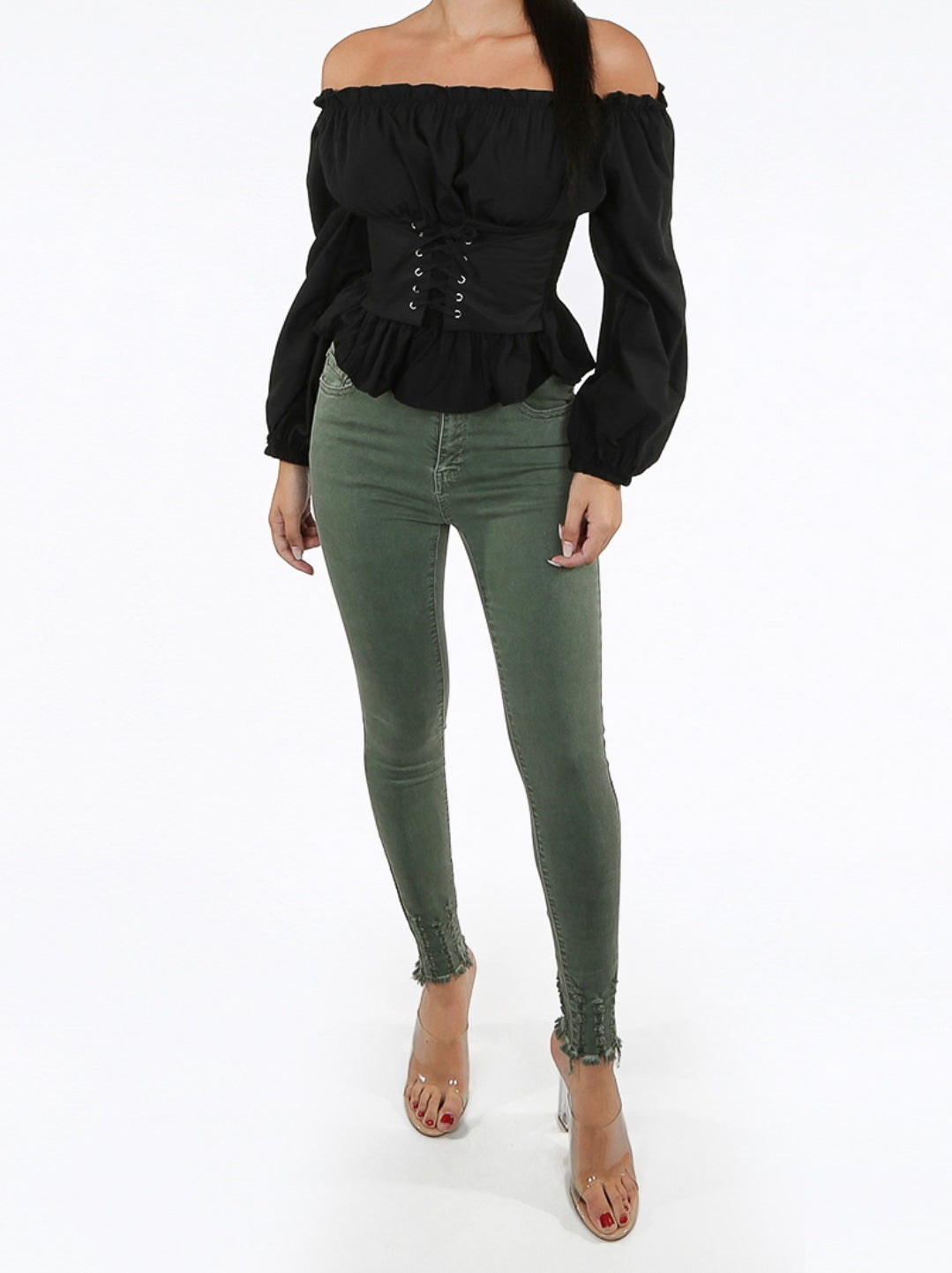 LAULIA KHAKI SHREDDED ANKLE SKINNY JEANS