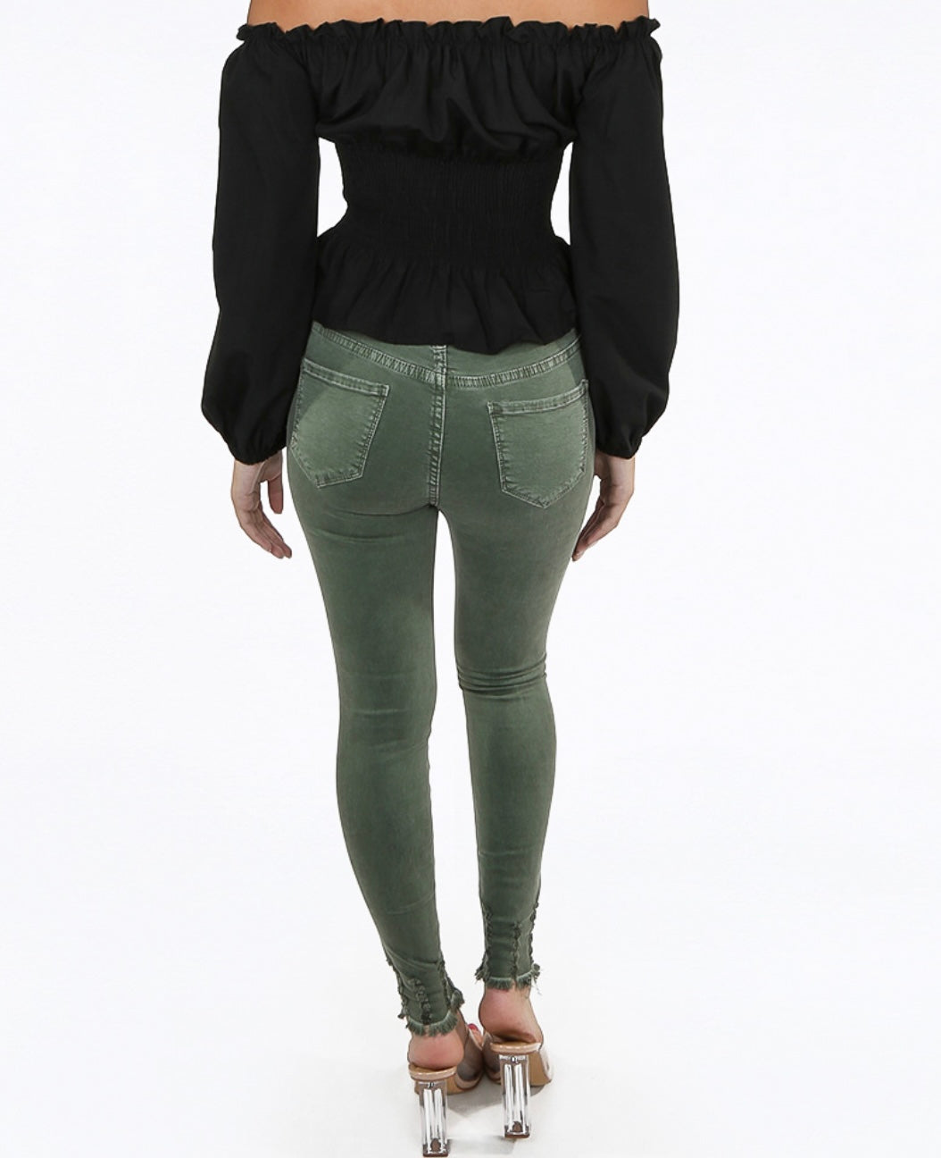 LAULIA KHAKI SHREDDED ANKLE SKINNY JEANS