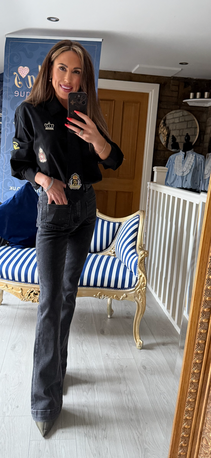 LAULIA DISTRESSED BLACK FIT & FLARE JEANS