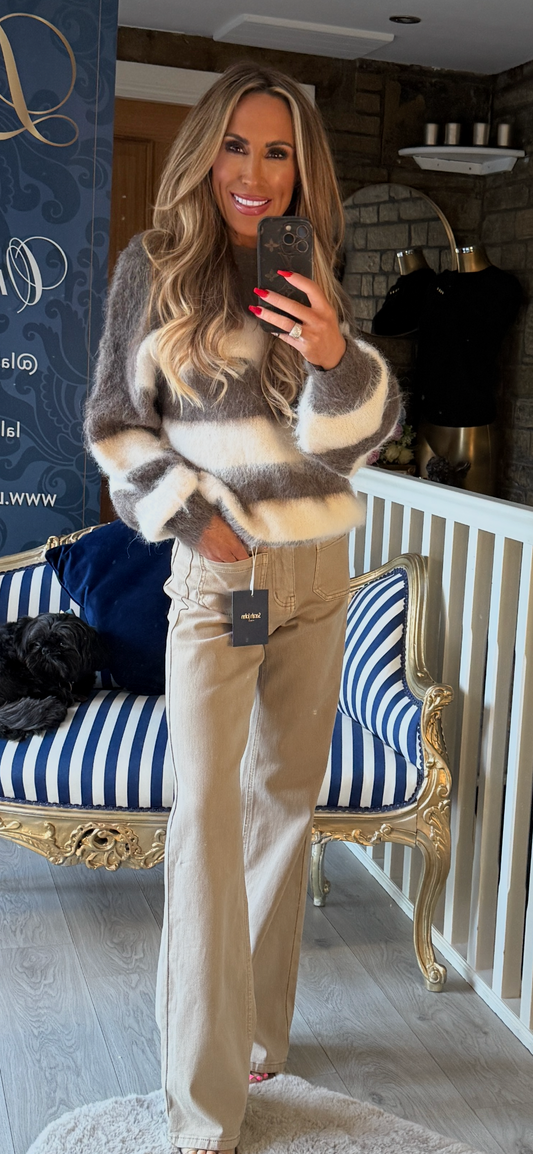 MOCHA & CREAM STRIPE FLUFFY KNIT