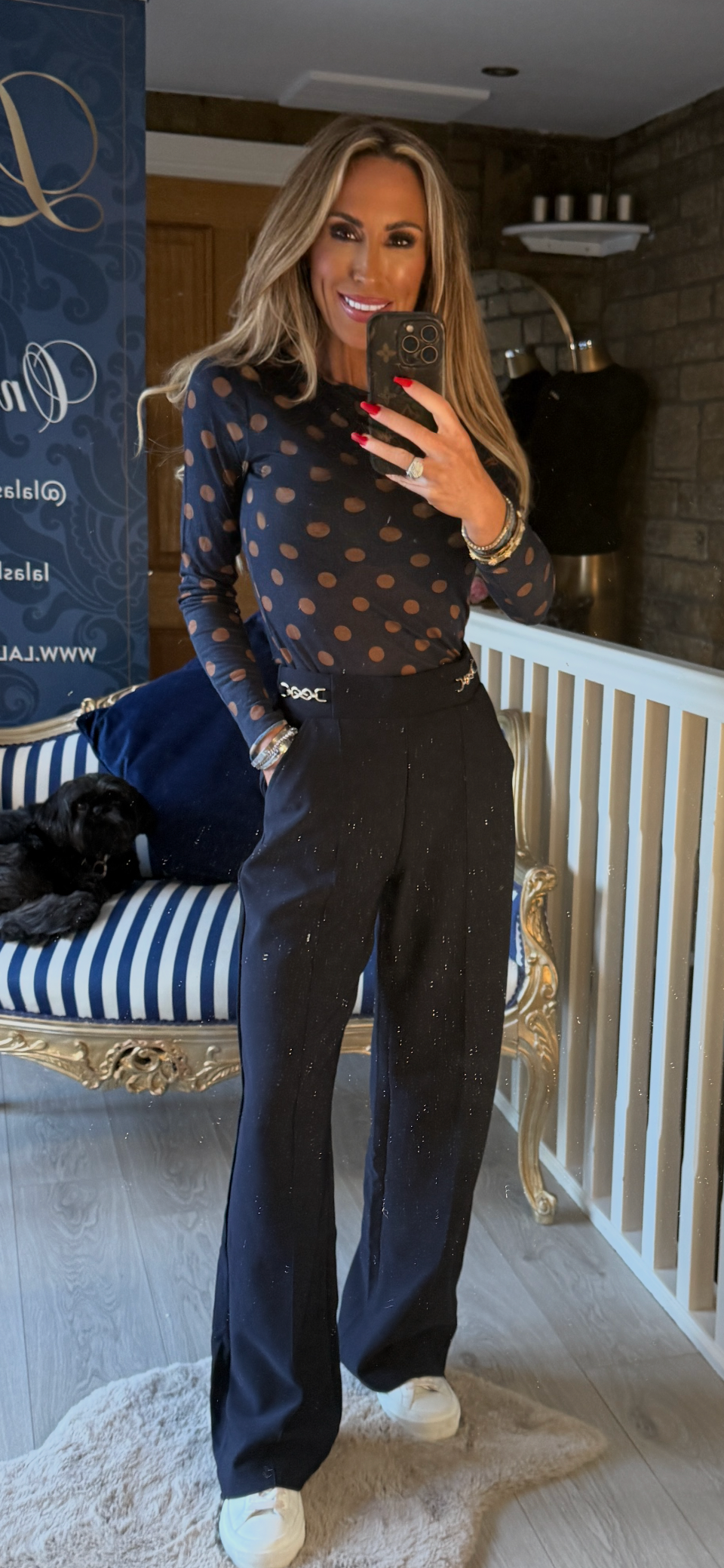 NAVY & TAN POLKA DOT CASHMERE BASE LAYER TOP