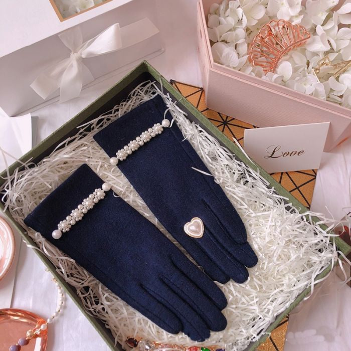 NAVY GLOVES WITH PEARL DETAIL