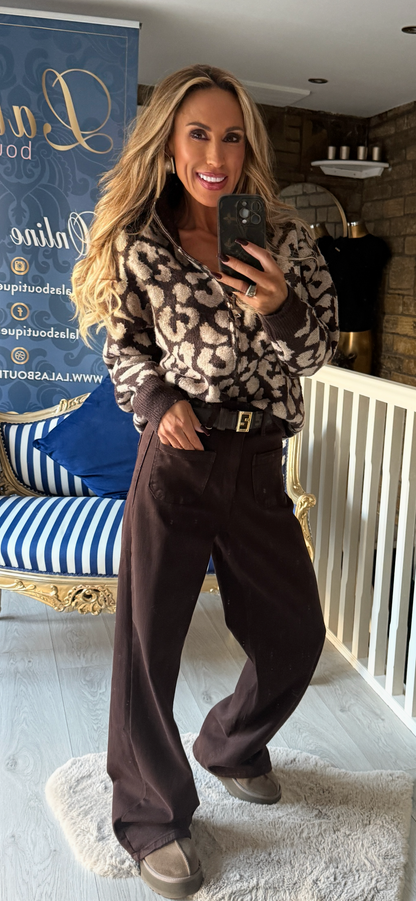 TAUPE & CHOCOLATE ANIMAL PRINT CARDIGAN