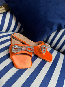 Neon orange satin bow flat shoes