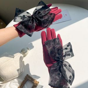 Polka dot wine organza bow gloves